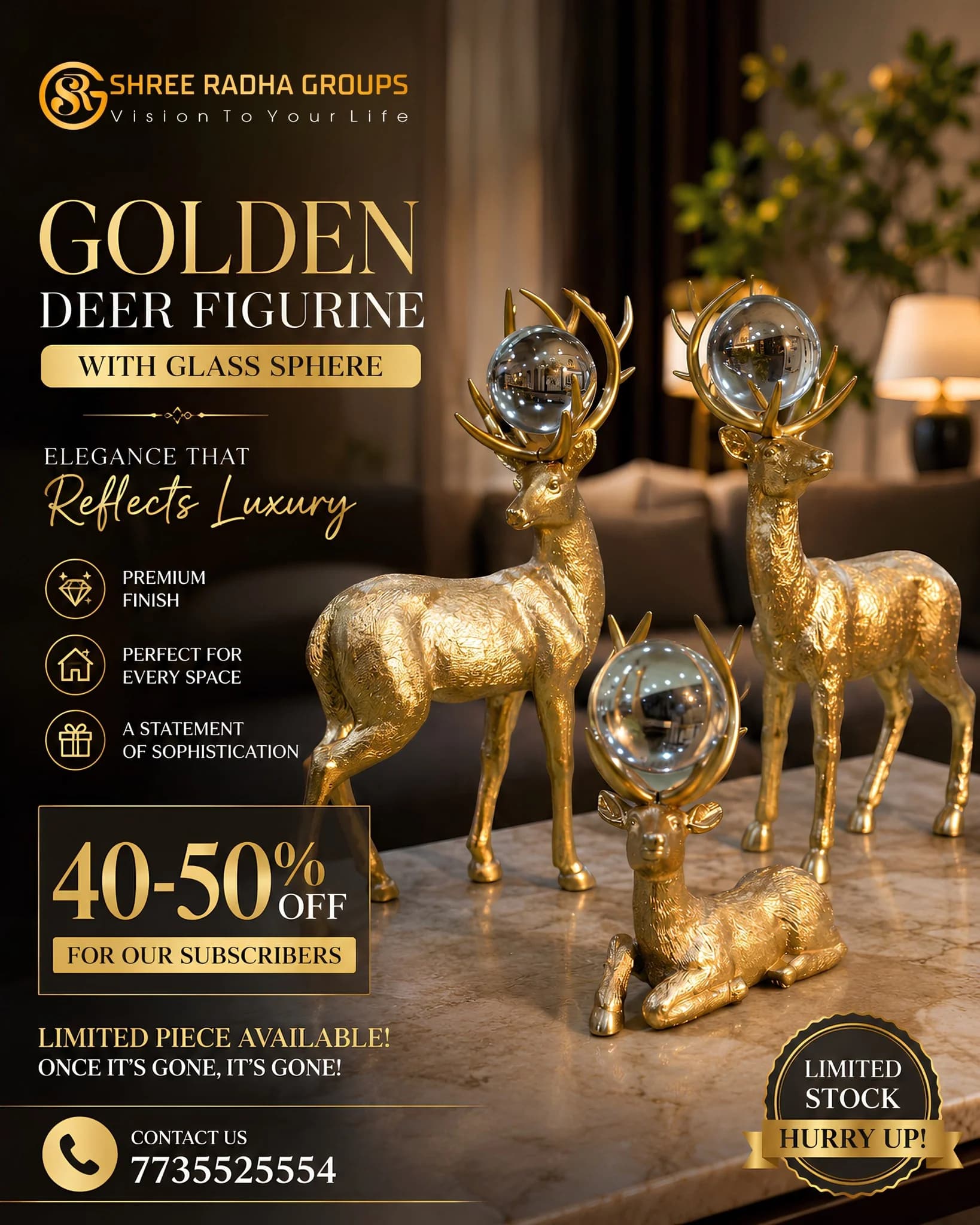 Sculptural Golden Deer with Optical Crystal Spheres
